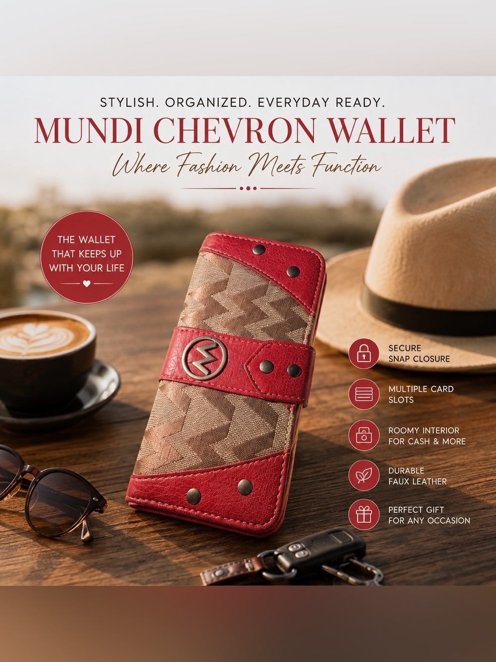 Mundi Chevron Print Wallet – Red Faux Leather Organizer Clutch